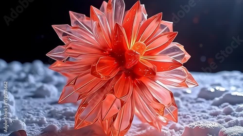 Emerging from an infinite void, the layered molecule shaped like luminous ice fractals sparkles with shimmering reds and golds, rotating slowly to reveal its multifaceted design, as dramatic