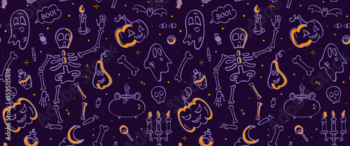 Halloween doodle hand drawn seamless pattern. Cute background with illustration of pumpkins, ghost, skulls, candy, bats and other creative thematic elements. Texture for wallpaper, print, fabric.