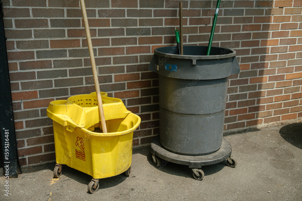 A yellow mop bucket with a wooden handle and a large gray trash bin with wheels stand beside a brick wall. Cleaning tools are positioned upright under bright outdoor sunlight. A yellow mop bucket with a wooden handle and a large gray trash bin with wheels stand beside a brick wall. Cleaning tools are positioned upright under bright outdoor sunlight.