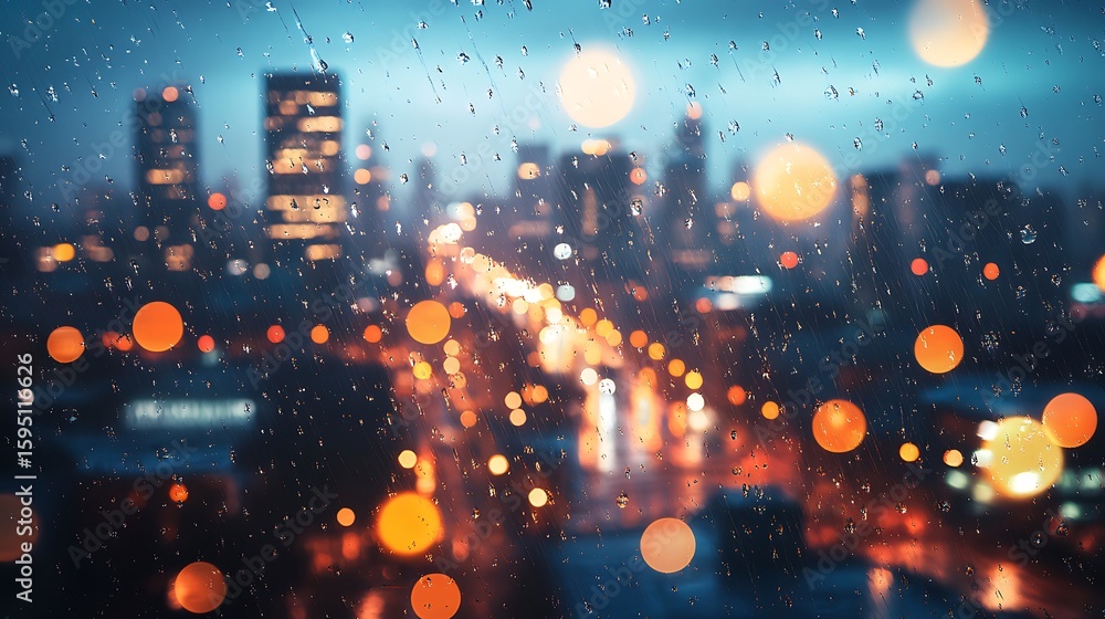 Obraz premium Raindrops cling to glass blurring city lights creating a moody urban atmosphere at night
