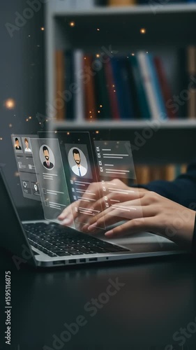 Digital Talent Acquisition: HR Professional Uses AI to Screen Candidate Resumes on Laptop