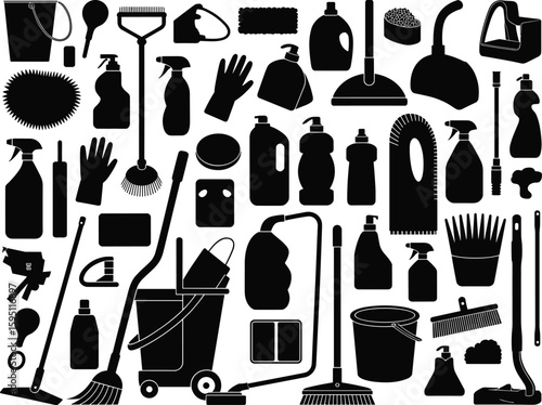 Cleaning tools silhouette collection, broom mop bucket gloves spray bottle dustpan sponge vacuum icon set, cad drawing flat vector illustration