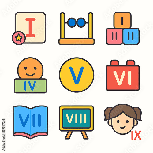 Collection of educational icons with Roman numerals for learning and school