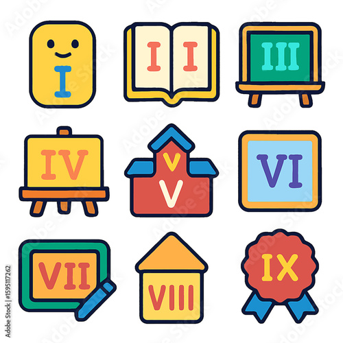 Colorful Roman numeral icons representing numbers one through nine in educational and celebratory themes.