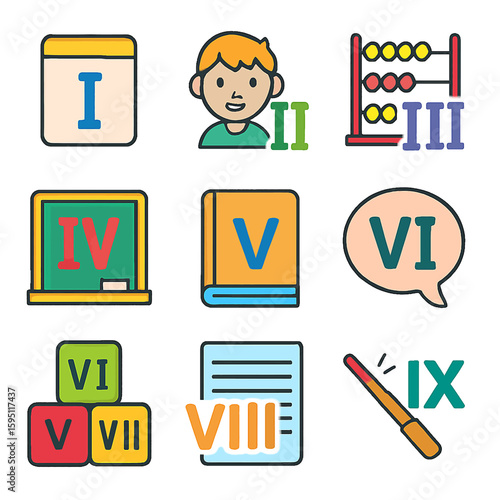 Educational icons featuring Roman numerals I to IX with learning tools
