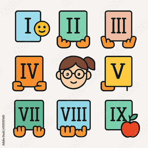 Cartoon character with roman numerals I to IX and an apple symbolizing education and learning