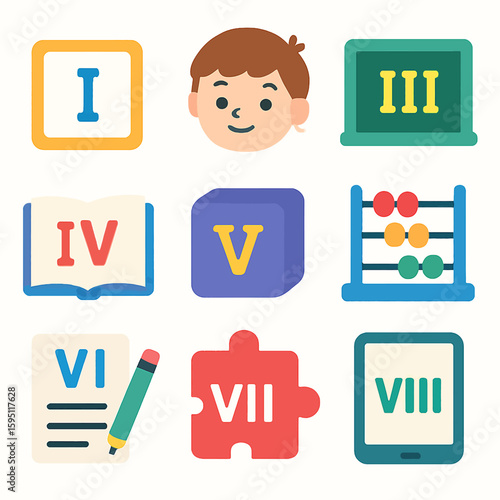 Educational icons featuring Roman numerals, child face, abacus, and learning materials