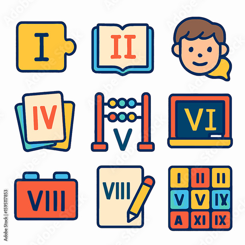 Educational icons featuring Roman numerals and learning tools for children's education