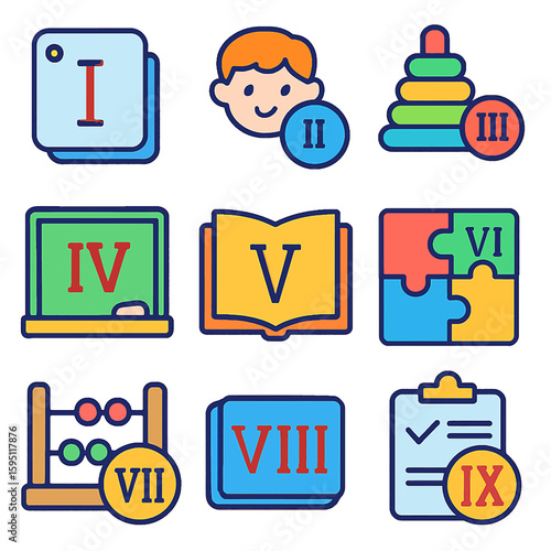 Cute educational icons with Roman numerals I through IX representing learning and development concepts.