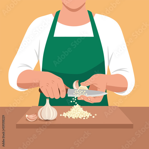 Person Mincing Garlic with Silver Knife on Wooden Cutting Board