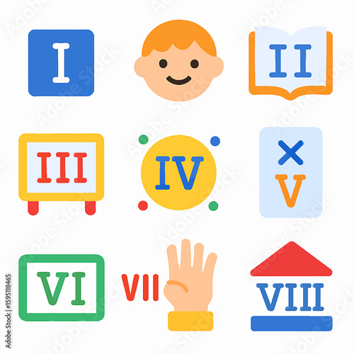 Collection of Roman numeral icons and educational symbols