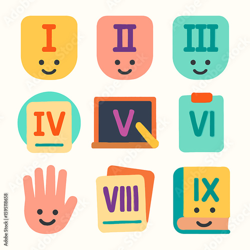Cute collection of Roman numerals I through IX displayed on colorful educational icons and objects