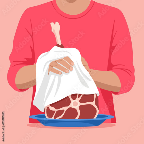 Person Covering Large Meat Cut on Plate with White Cloth