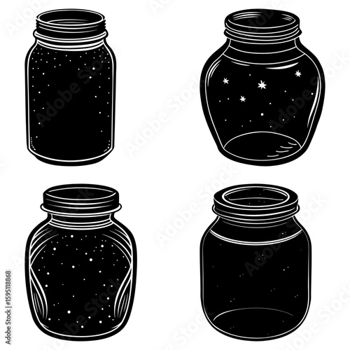 Four monochrome mason jars with varying shapes and contents displayed on a white background art