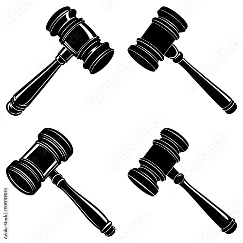 Four black and white gavel illustrations arranged in a square formation on a white background vector art