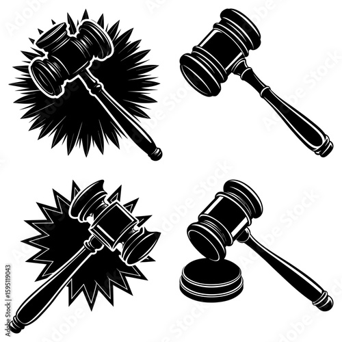 Illustration showing four black and white gavel designs with varying impact effect details design elements