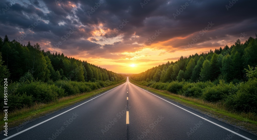 Naklejka premium Road Leading to Sunset with Dramatic Sky and Forest