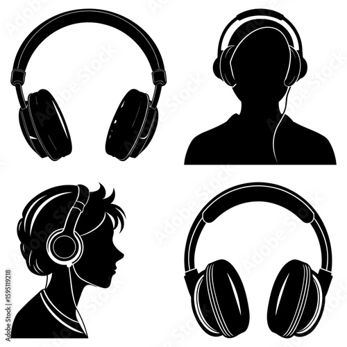 Illustrations of headphones and people wearing them in black and white silhouette style design art
