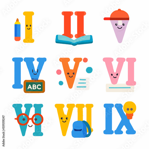 Cute cartoon Roman numerals and school supplies with happy faces for education