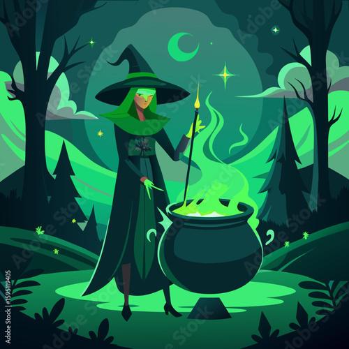 Mysterious green witch brews potion in a dark forest at night