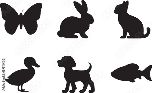Collection of animal silhouettes butterfly rabbit cat duck dog fish silhouette