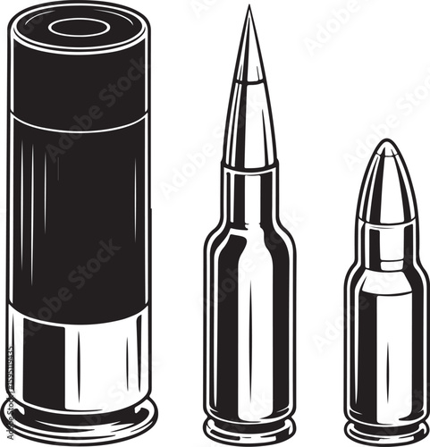 Three different types of ammunition in silhouette