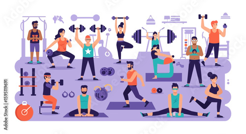 Diverse group of people exercising and training at the gym fitness center illustration