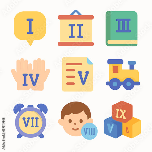 Cute flat icons with roman numerals I through IX representing learning and childhood activities