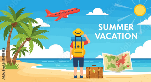 Summer vacation concept featuring traveler and airplane on tropical beach background