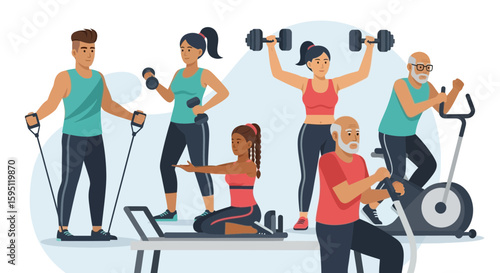 Diverse people group exercising in gym, fitness center, weightlifting and cardio training vector