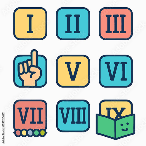Colorful Roman numeral icons from I to IX with a hand and book illustration