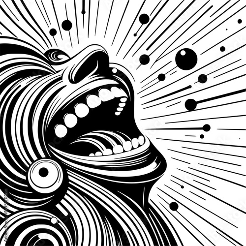 Abstract vector illustration of laughter, using dynamic curved lines and bright, expanding shapes radiating outward, playful energy, minimalist style in bold black and white.