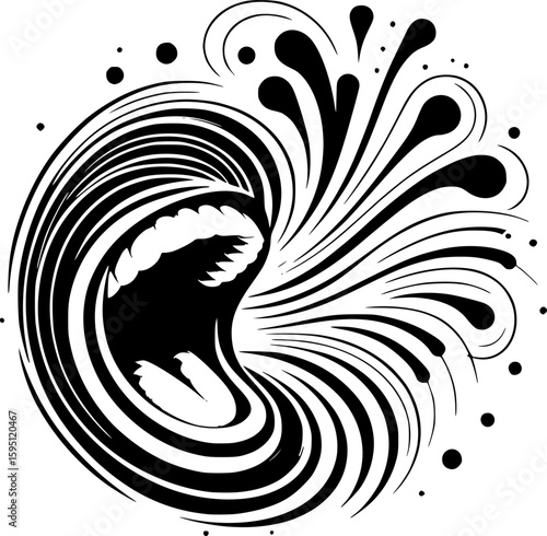 Abstract vector illustration of laughter, using dynamic curved lines and bright, expanding shapes radiating outward, playful energy, minimalist style in bold black and white.