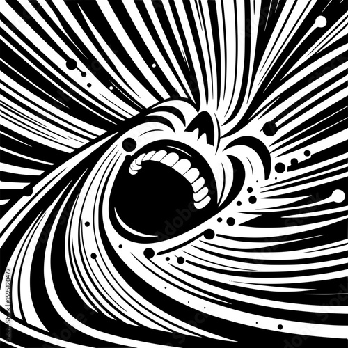 Abstract vector illustration of laughter, using dynamic curved lines and bright, expanding shapes radiating outward, playful energy, minimalist style in bold black and white.