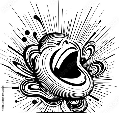 Abstract vector illustration of laughter, using dynamic curved lines and bright, expanding shapes radiating outward, playful energy, minimalist style in bold black and white.