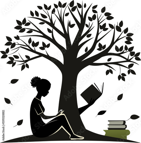 Silhouette of a person reading under a tree with books scattered around