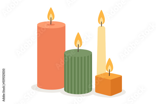 Collection of scented candles made from soy and coconut wax, presented in jars and cups, serving as a natural and eco-friendly home decor item, available as zero-waste gifts, depicted in a hand-drawn
