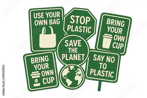 Hand-drawn lettering set featuring leaves, promoting a plastic-free lifestyle, perfect for Earth Day and environmental concepts, with motivational eco quotes, organic design templates, and isolated