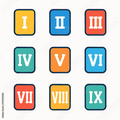 Colorful Roman numerals I through IX displayed on individual cards