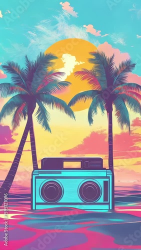 retro cyan boombox on vibrant sunset beach with palm trees silhouette
