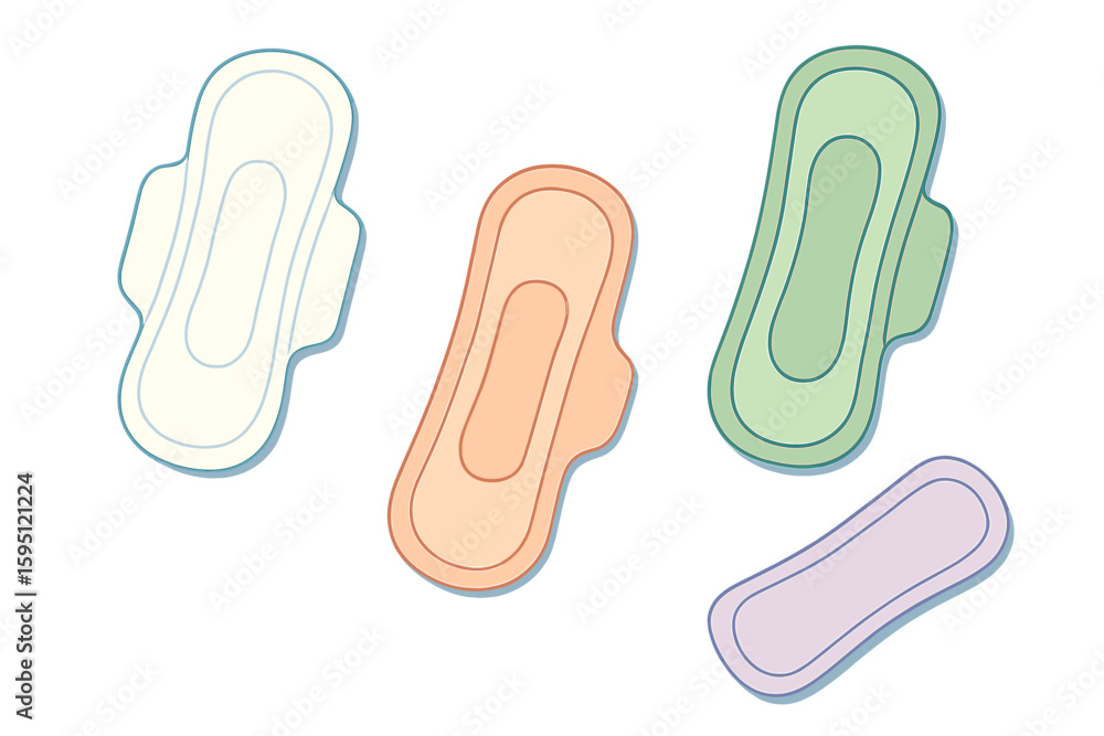 Vector illustration of feminine hygiene products, including classic sanitary pads and tampons, as well as sustainable options like cloth menstrual pads, period panties, and menstrual cups, in a flat Vector illustration of feminine hygiene products, including classic sanitary pads and tampons, as well as sustainable options like cloth menstrual pads, period panties, and menstrual cups, in a flat