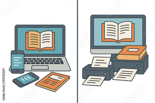 Vector illustration of reducing paper consumption by using electronic books, online publications, and avoiding unnecessary printing, presented in a flat style to highlight ecological issues