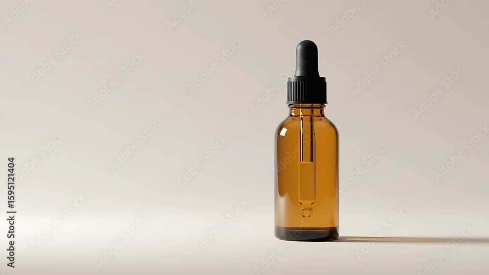 Amber glass dropper bottle with dark liquid and black cap, isolated on a neutral background with soft shadow, studio product shot. Amber glass dropper bottle with dark liquid and black cap, isolated on a neutral background with soft shadow, studio product shot.