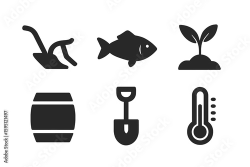 Composting and recycling icons set – solid style waste management, sustainable living, and eco-friendly symbols: bin, compost heap, pitchfork, waste bag, thermometer, compost tumbler, food scraps’