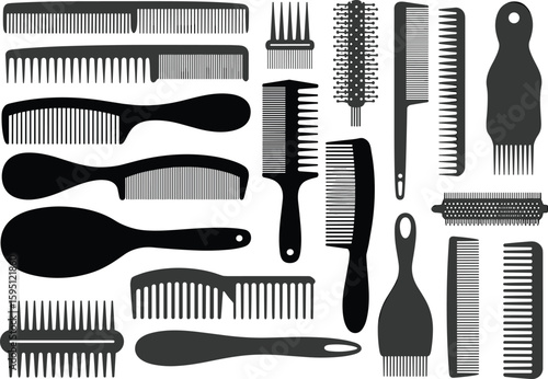 Hair styling tools silhouette set, combs and brushes vector icons, beauty salon equipment collection, cad drawing flat vector illustration