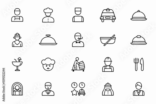 A clean and stylish set of line icons representing hospitality roles—ideal for internal signage, staff directories, HR training materials, or uniforms.