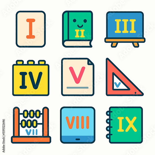 Colorful educational icons featuring Roman numerals and learning tools for children