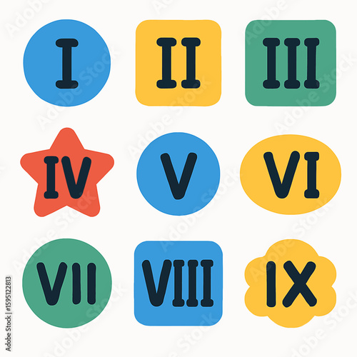 Collection of Roman numerals from I to IX on colorful shapes with rounded corners