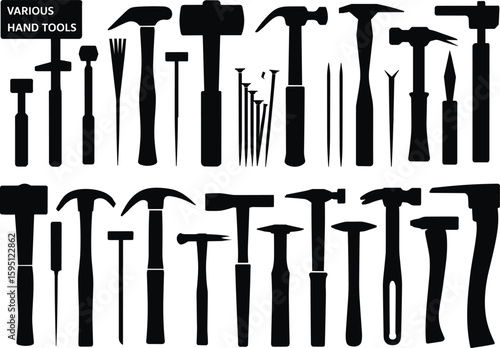 Hand tools silhouettes collection, hammer screwdriver wrench pliers vector icons, DIY construction equipment set, cad drawing flat vector illustration