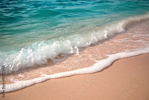 Turquoise ocean water rushes onto the tan sand, creating white foam on the peaceful shore